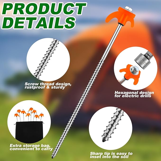 JaGely 20 Pcs 12 Inch Tent Stakes Screw in Camping Stake Heavy Duty Metal Spikes Ground Anchor Peg