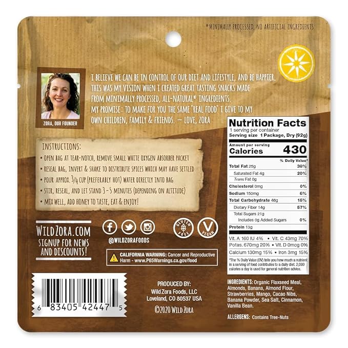 Wild Zora Paleo Freeze Dried Breakfast Meals, 6 Pack, Gluten Free Camping and Backpacking Food, No