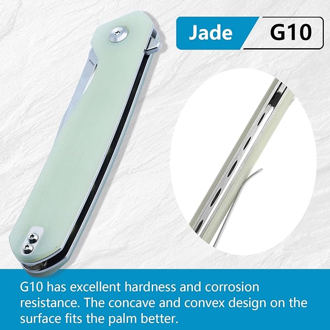 KANSEPT Qilin Pocket Knife, 3.24'' Stonewashed 154CM Sharp Blade, Jade G10 Handle for Edc, Flipper