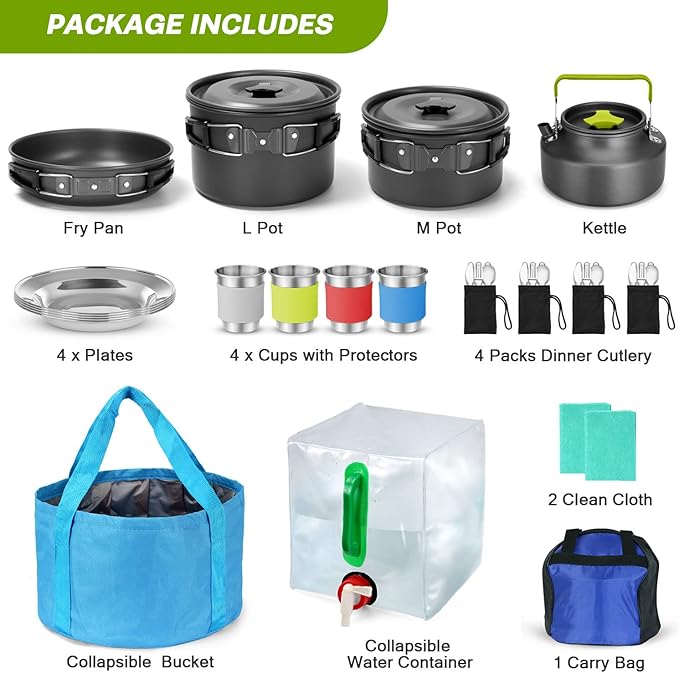 Odoland 29pcs Camping Cookware Mess Kit, Non-Stick Lightweight Pots Pan Kettle, Collapsible Water