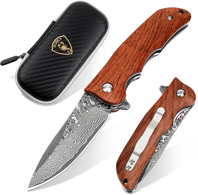 AUBEY Damascus Pocket Knife with VG10 Core, Wooden Handle, EDC Folding Knives for Men Outdoor