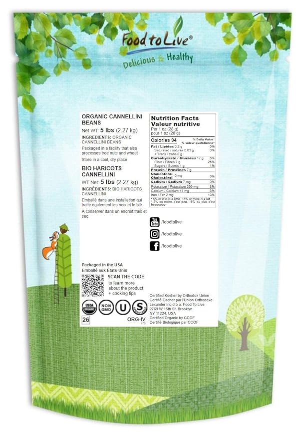 Food to Live Organic Cannellini Beans, 5 Pounds ??Non-GMO, Dried White Kidney Beans, Sproutable
