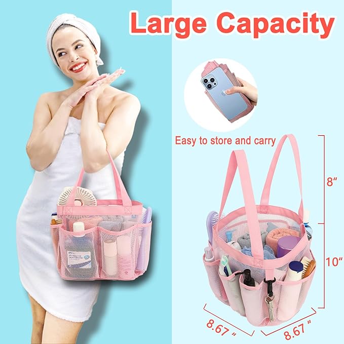 Mesh Shower Caddy Portable for College Dorm Room Essentials, 8-Pocket Large Shower Basket Tote Bag