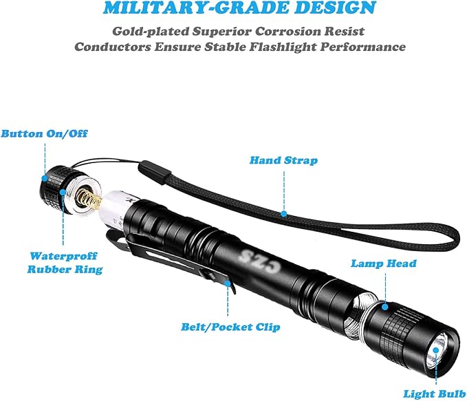 CZS LED Flashlight Penlight 1000 Lumens Battery-Powered Handheld Pen Light Pocket Torch Powered by
