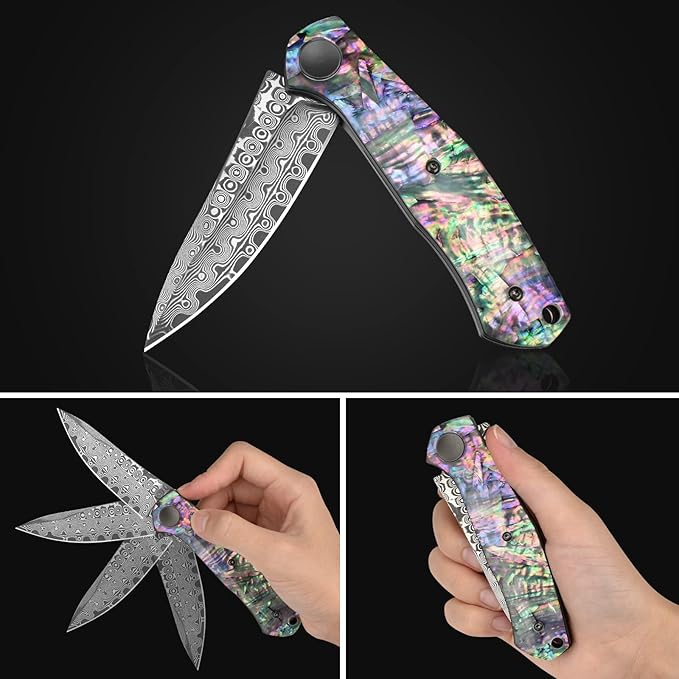 AUBEY Damascus Pocket Knife for Women Men, Sharp 3.23" Damascus Steel Blade Knife with Clip, EDC