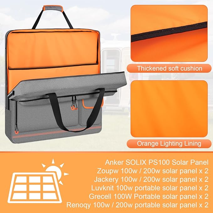 Solar Panel Storage Bag with Orange Lining, Deepened Opening, Zipper with Pull and Multi-Accessory