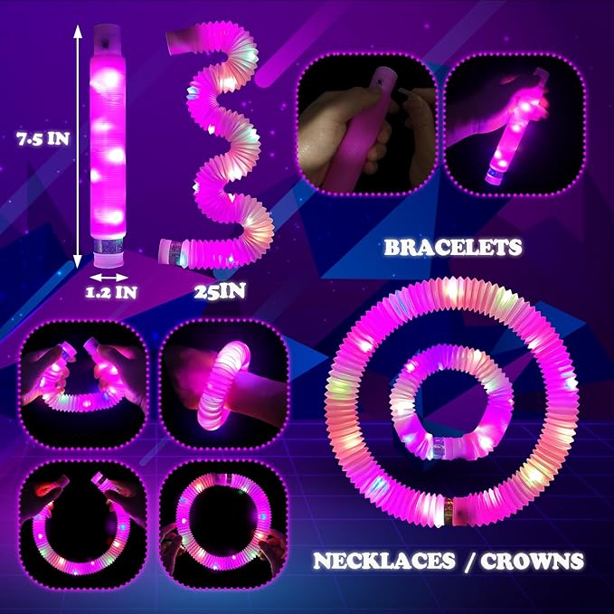 12 PCS Pink Glow Sticks Party Favors for Kids,LED Light up Pop Tubes for Toddlers,Neon Necklaces