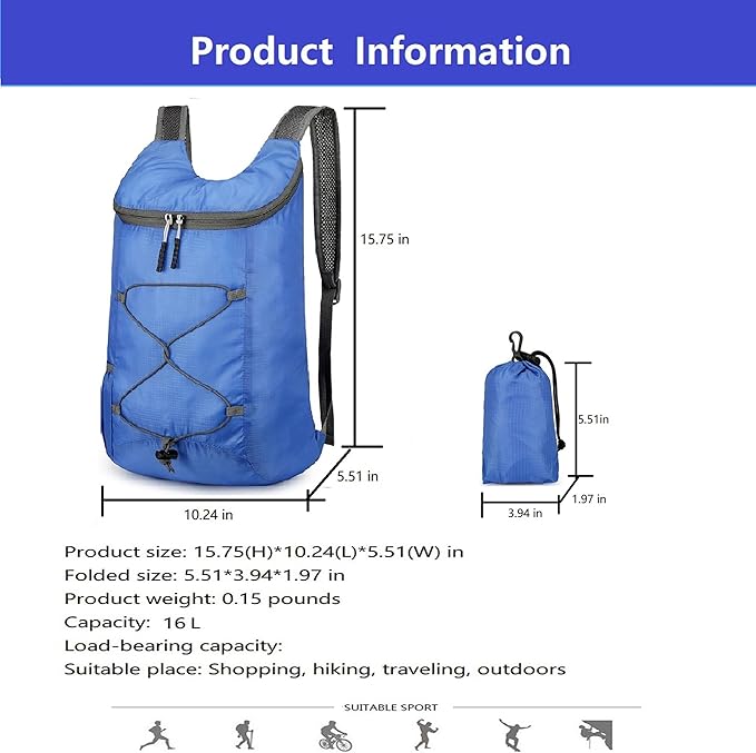 16L Lightweight Foldable Hiking-Backpack Small Packable-Daypack For Travel,Ultralight