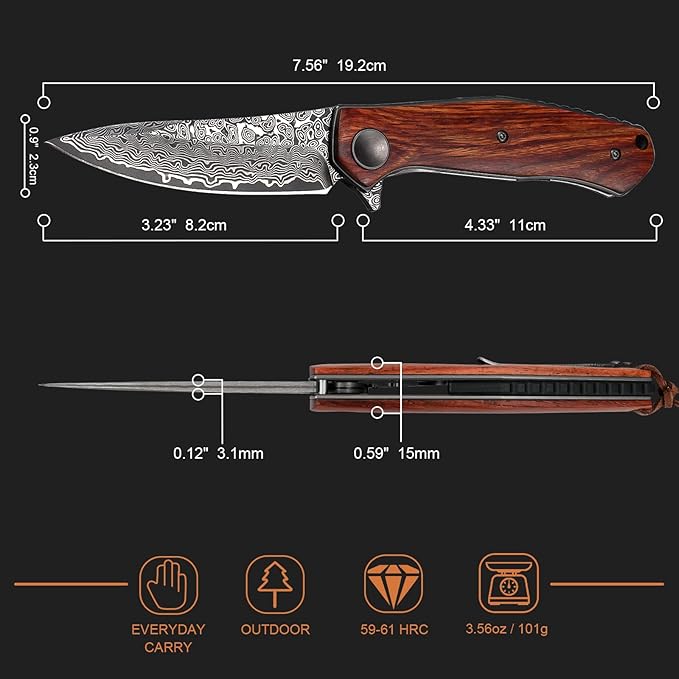 AUBEY Damascus Folding Pocket Knife Handmade with Clip for Men, Damascus Hunting Knife EDC Knife