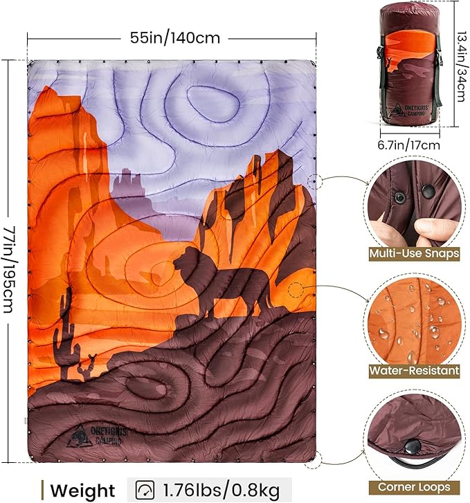 ONETIGRIS Camping Blanket,Wearable Outdoor Quilt with Recycled Thermal Insulation, Convertible to