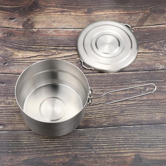 Lixada Stainless Steel Camping Cook Pot 1.5L with Lid and Folding Handle, Large Capacity Bento Pot
