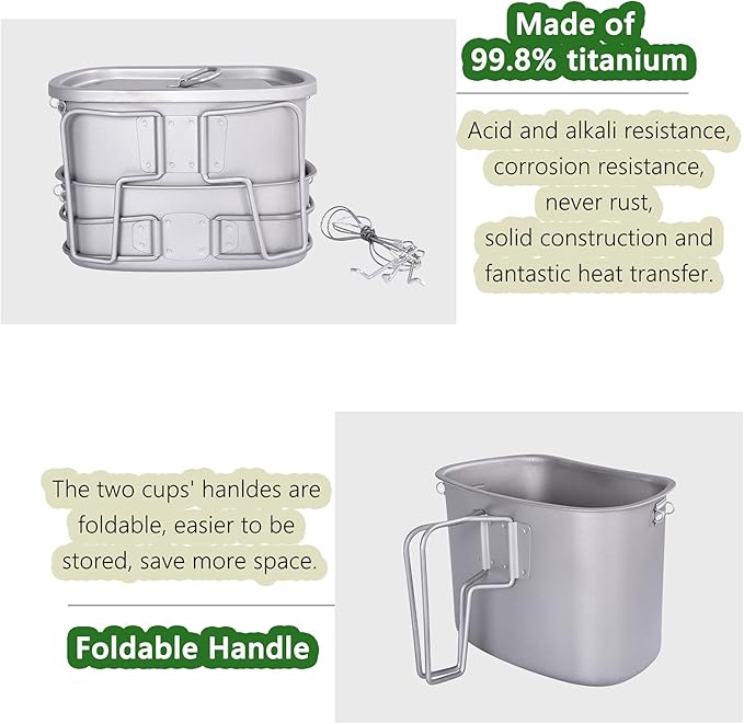 iBasingo Titanium Canteen Mess Kit with Folding Handle Hanging Ring Ultralight Portable for Lunch