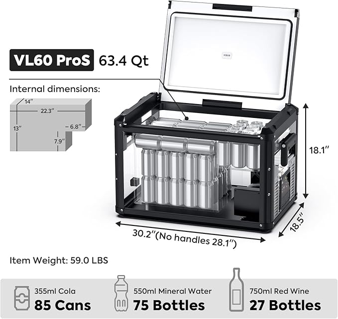 ICECO VL60 ProS Portable Refrigerator, Multi-directional Lid, Dual USB & DC 12/24V, AC 110-240V