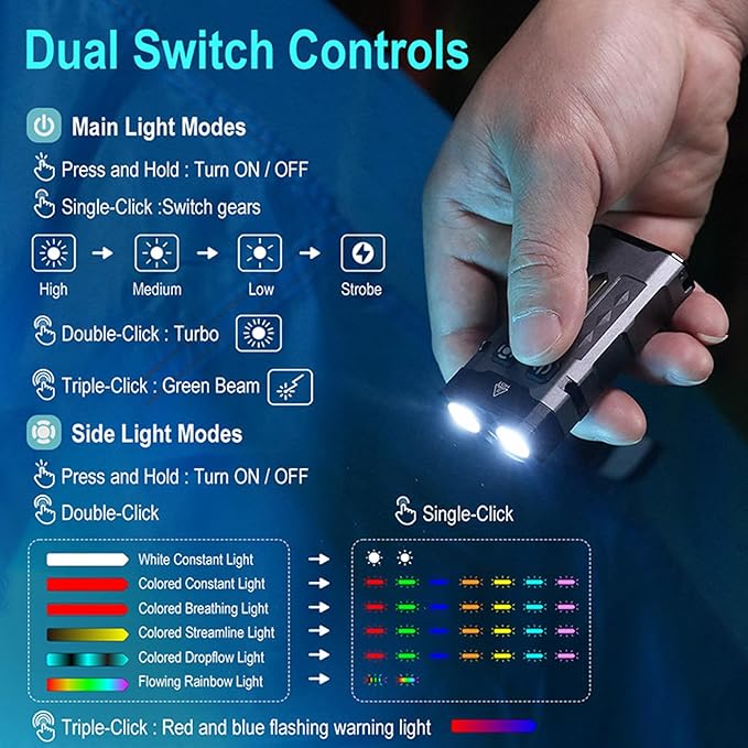 1100 Lumen Small EDC Keychain Flashlight with Green Beam - Rechargeable RGB LED Clip on Flashlight