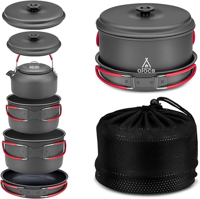 Alocs Camping Cookware Set Camping Gear, Compact Camping Pots and Pans Set, Durable Hard Alumina