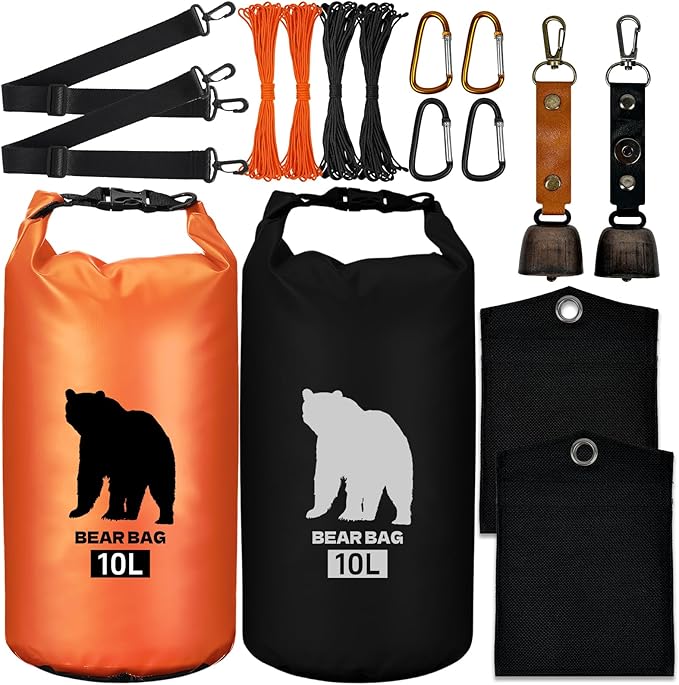 2 Pcs 10L Waterproof Bear Bags with 4 Nylon Ropes, 4 Clips & 2 Rock Pockets & 2 Small Warning Bells