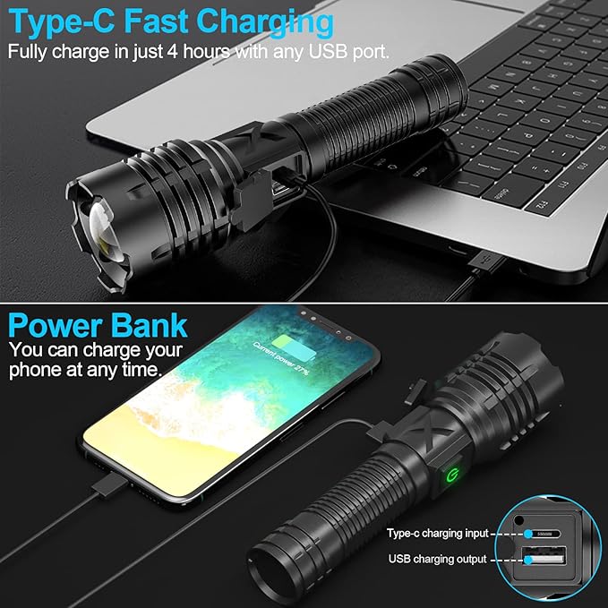 Flashlights High Lumens Rechargeable (Battery Included), XHP70.2 Super Bright LED Flashlight with