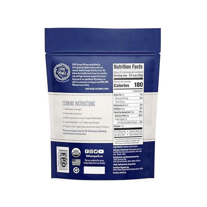 1000 SPRINGS MILL - Organic Black Beans | Used for Soups, Salads, Chili, Dips or Various Breakfast