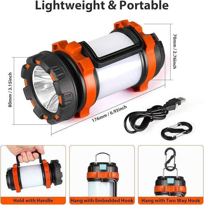 2 Pack Camping Lantern, Outdoor LED Camping Light, Rechargeable Flashlights with 1000LM, 6 Modes