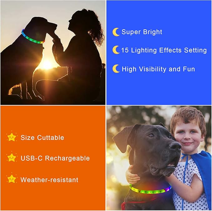 LED Dog Collar - Color Changeable Light Up Dog Collars USB Rechargeable,15 Light Effects Glow in