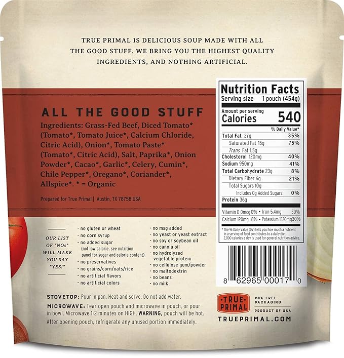 True Primal Beef Chili 8-pack, No beans, Ready to eat, Gluten free, Paleo, Grass-fed beef, Whole30