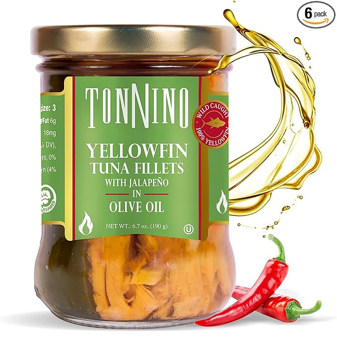 Tonnino Yellowfin Tuna in Olive Oil with Jalapeño 6.7oz - Gourmet 6-Pack: Omega-3, High Protein