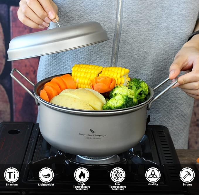 Boundless Voyage Multifunctional Titanium Steamer Pot with Frying Pan and Vented Lid Outdoor
