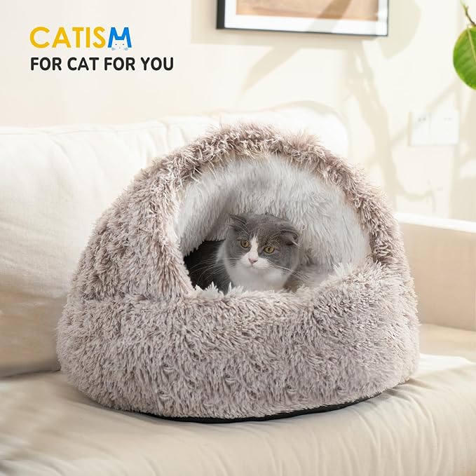 CATISM Cat Bed, Plush Hooded Cat Beds for Indoor Cats, Self Warming Cats Beds Cave, Cozy Pod for