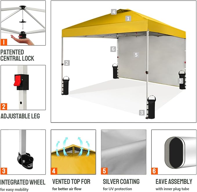 CROWN SHADES 10x10 Pop Up Canopy with 1 Side Wall - Beach Tent with One Push Setup - Outdoor Sun