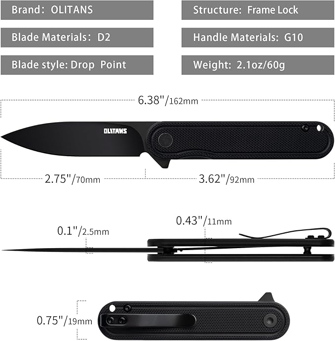 G040 Pocket Knife, 2.75'' D2 Steel Blade G10 handle, Small EDC Knife with Pocket Clip for Men