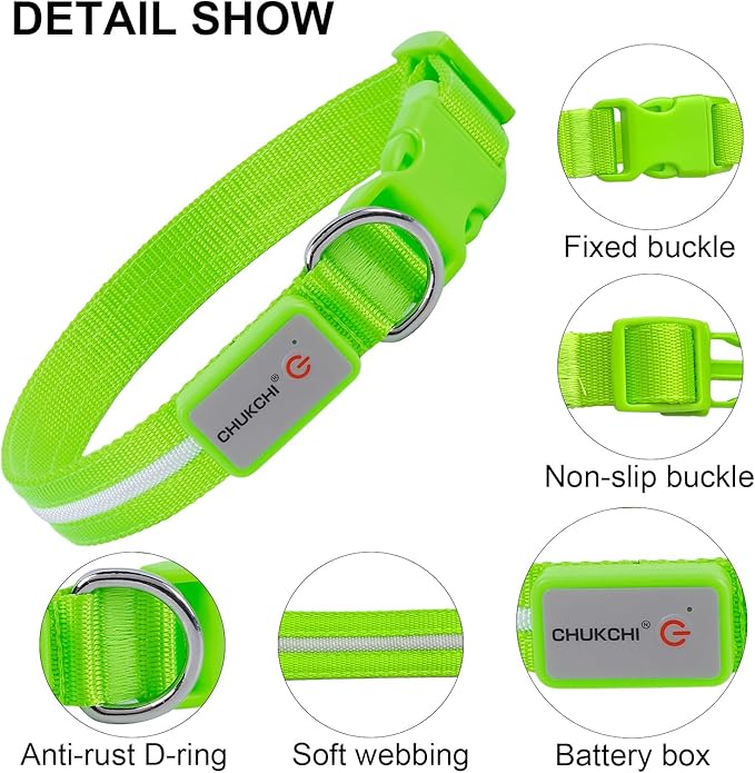 CHUKCHI LED Dog Collar Rechargeable,Waterproof Flashing Collar,Light Up Glow Collar, Adjustable
