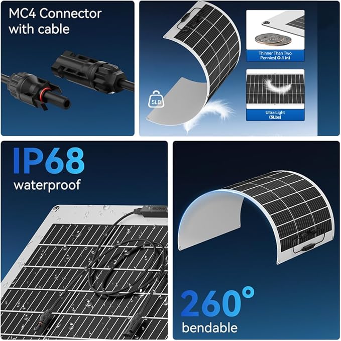 100W Flexible Solar Panel, 12V Monocrystalline Lightweight High Efficiency Bendable Mountable for