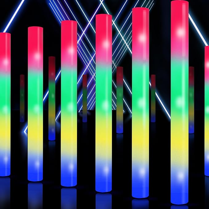 100 Pcs 18.5 inch Foam Glow Sticks Bulk, 4 Color LED Light Foam Sticks, Glow In The Dark Party