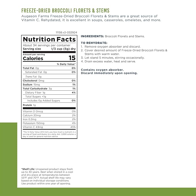 Augason Farms Freeze Dried Broccoli Florets & Stems Can, Emergency Food Supply, Everyday Meals, 34