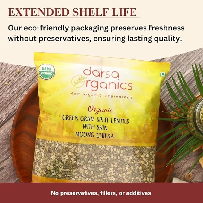 Darsa Organics Mung Split Lentils with Skin, Moong Dal with Skin 2 lb - USDA Organic Green Lentils