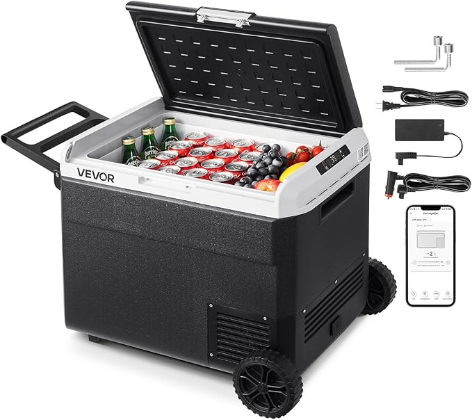 VEVOR 63.4QT/60L Car Fridge, Portable Electric Cooler with Wheels and Handle, -4℉~68℉, 12/24V DC