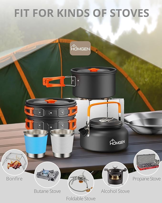HOMGEN 14-Piece Camping Cooking Set with Stove Windshield & 2 Plates - Lightweight Aluminum Nesting