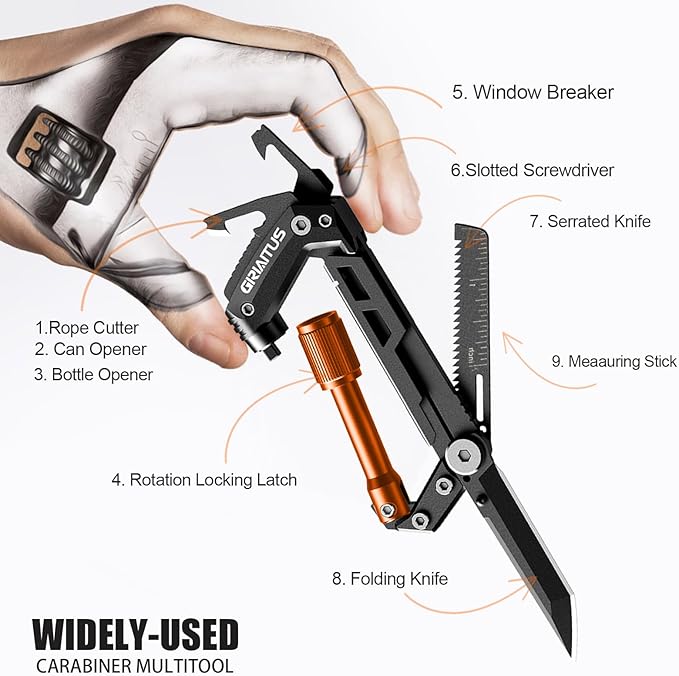 Carabiner Multitool with Pocket Knives, EDC Carabiners, Serrated Knife, Rope Cutter, Screwdriver