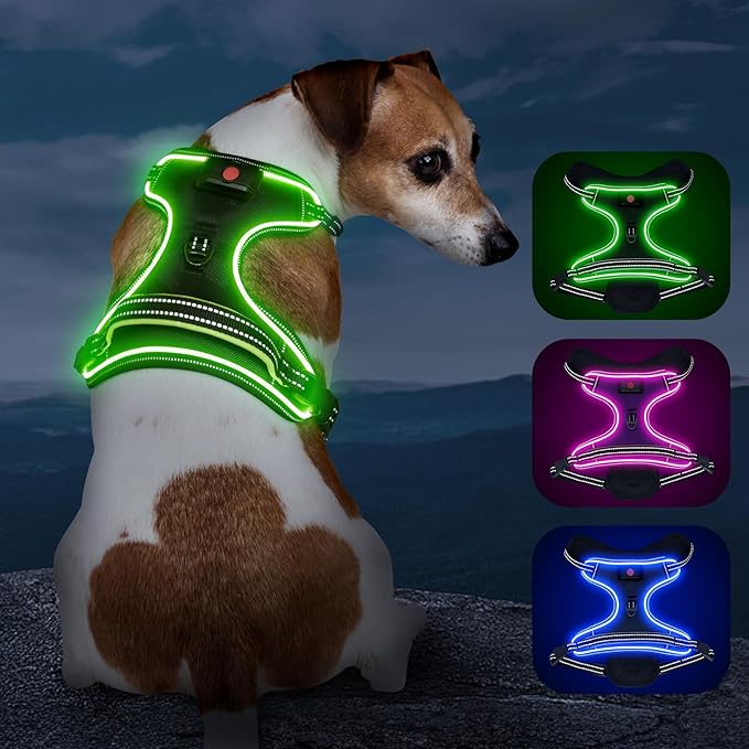 Light Up Dog Harness, No Pull LED Dog Harness with Handle, Rechargeable Lighted Safety Vest for