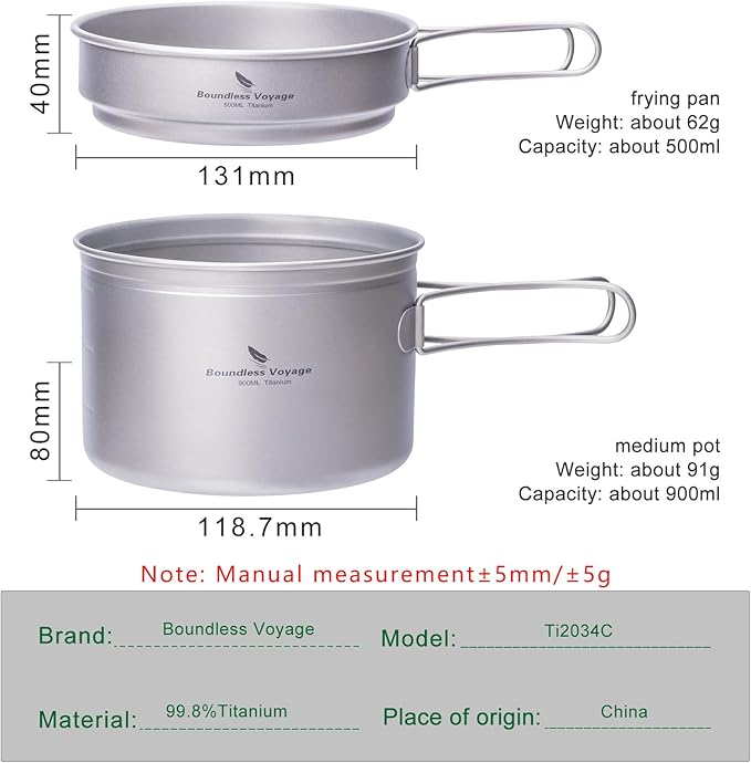 iBasingo Titanium Pot Pan Set with Folding Handle - Ultralight Portable Outdoor Cookware Mess Kit