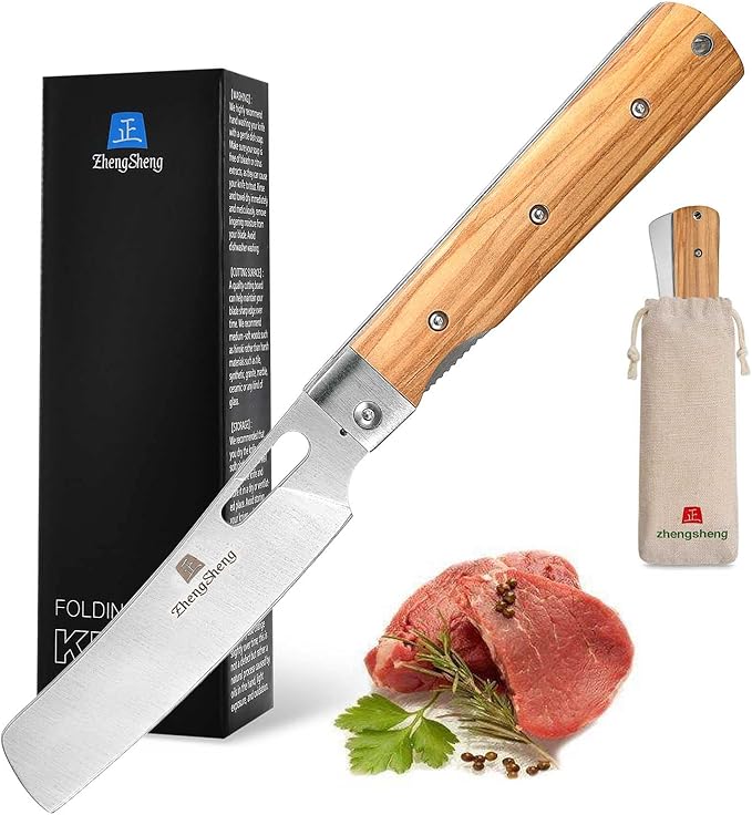 Folding Chef Knife 4.8” Ultra Sharp 440A Stainless Steel Blade Natural Olive Handle Pocket Foldable
