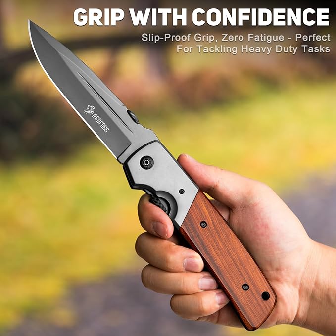 NedFoss DA52 Pocket Knife for Men, 5'' Large Folding Knife, 11'' Survival Knife with Rosewood