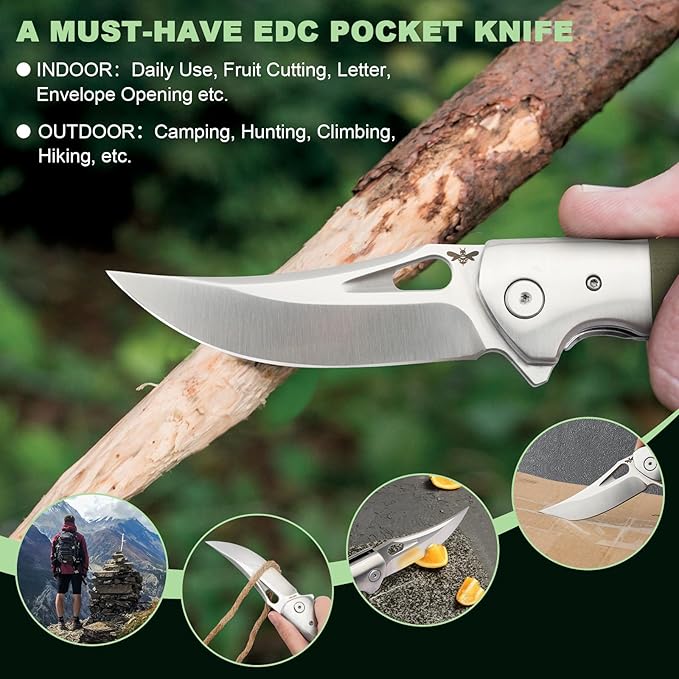 Pocket Knife with Clip, 3.7" 14C28N Blade EDC Folding Knife with Green G10 Handle, Outdoor Camping