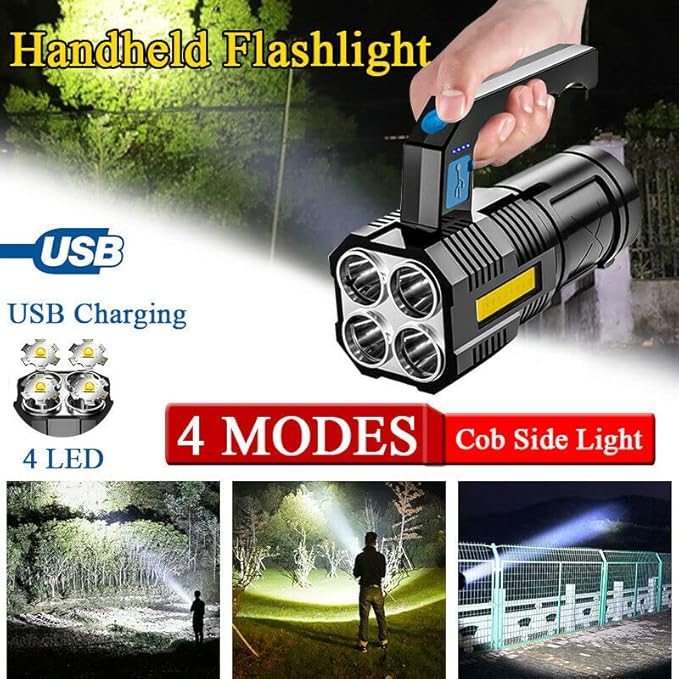 LED Flashlight USB Rechargeable, High Lumens Tactical Light with Sidelight, 4X LED, Zoomable