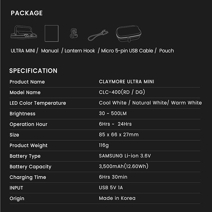 CLAYMORE Ultra Mini (Dark Gray) - Outdoor Rechargeable LED Light for Camping, Tent, Backpacking