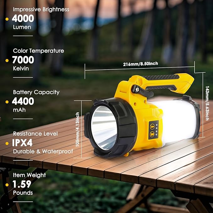 Tripod Rechargeable Camping Lantern, 6 Modes LED Flashlight Handheld Spotlight with 4000LM, 4400mAh