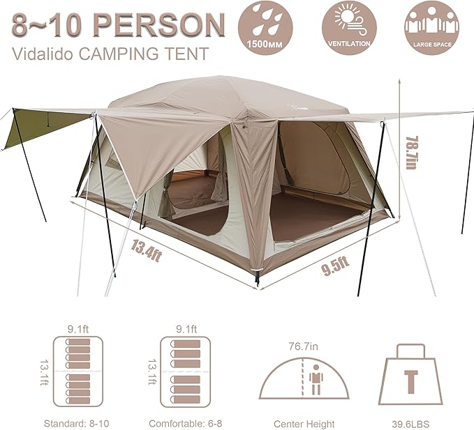 Vidalido 8-10 Person Camping Tent with 3 Door 2 Room Large Family Cabin Tents, Double Layer
