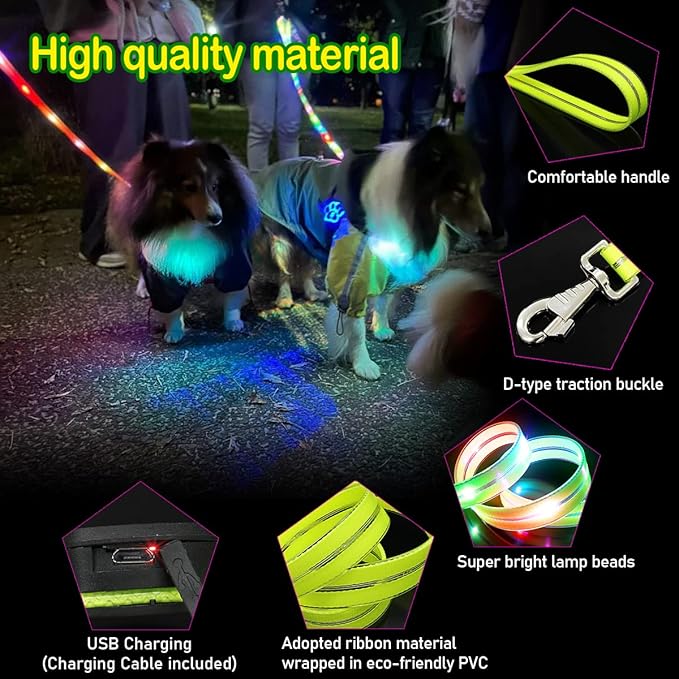 LED Waterproof Pet Dog Leash USB Rechargeable Fashionable Color Glow in The Dark Night Walk Safety