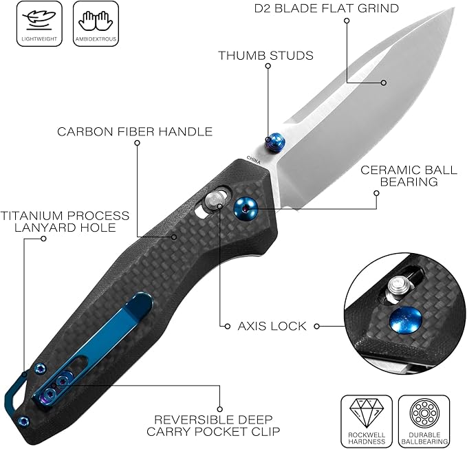 Dispatch Axis Lock Folding Pocket Knife with Clip, 3.27" D2 Steel Blade and Carbon Fiber Handle