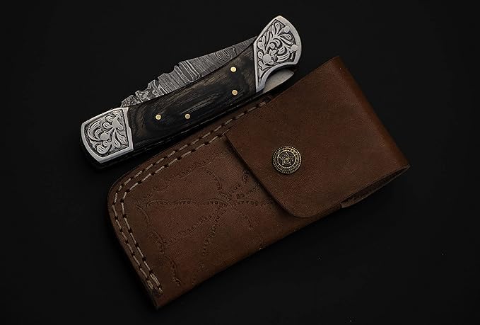 8.5" long Folding Knife, Wood Scale with Engraved steel bolster, custom made 4.25" Hand Forged